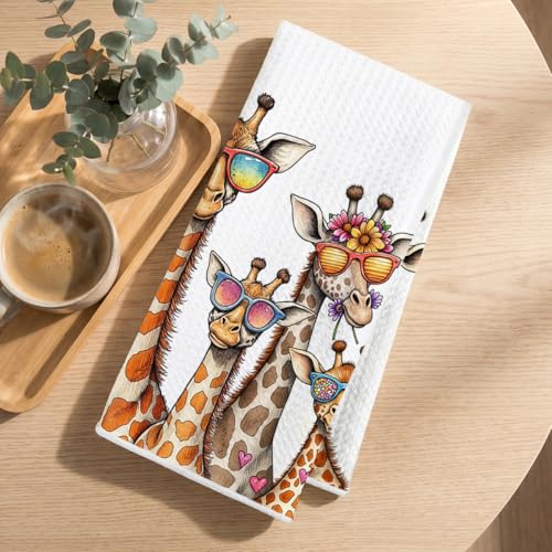 Image of Hanamiya Na 2 Pcs Funny Giraffe Kitchen Towels 24x14 Inch, Giraffes Reusable Dish Towels for Kitchen Bathroom Decor, Waffle Weave Hand Cloth Tea Towel, Giraffe Gifts for Women Friend Boys Girls