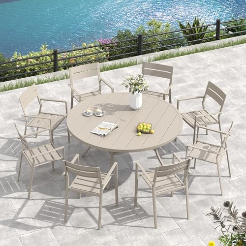 Image of VICLLAX 60 inch Round Patio Table, Outdoor Dining Table for 8-10 with Umbrella Hole for Garden Lawn Deck Backyard, Sandshell