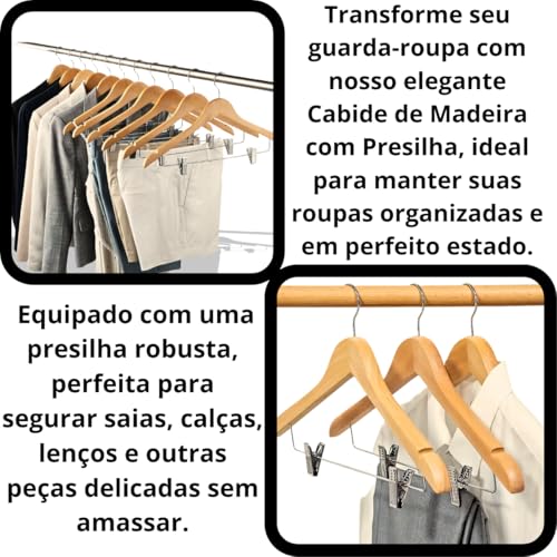 Cabides De Madeira Nobre Marfim + Presilhas - 10 Unidades