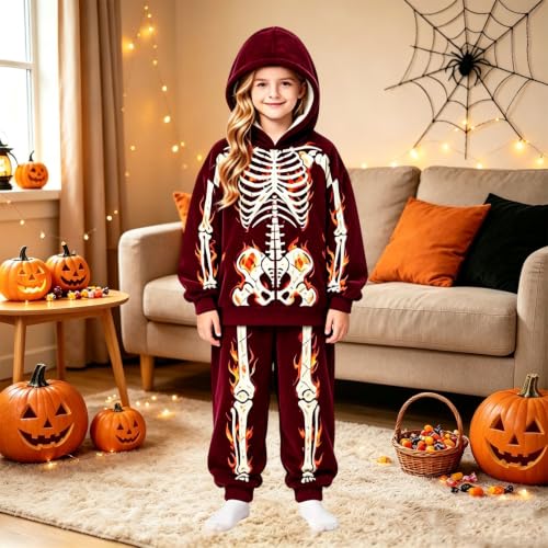 Girls Halloween Hoodies Set Skeleton Print Two Piece Tracksuit Outfit - image 4