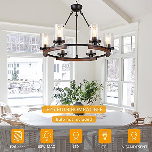 Nsrce Dia 28" Wagon Wheel Chandelier,6-Light Dining Room Light Fixture Over Table,Large Round Hanging Pendant Light Fixture With Glass Shade For Dining Living Room,Black Metal And Wood… #TOP4