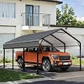 Nuturelly 12x15 Metal Carport, Heavy Duty Outdoor Vehicle Shelter with Steel Roof and Reinforced Frame for Car, Truck, SUV, Boat and Tractor, Gray