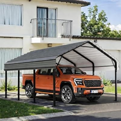 Nuturelly 12x15 Metal Carport, Heavy Duty Outdoor Vehicle Shelter with Steel Roof and Reinforced Frame for Car, Truck, SUV, Boat and Tractor, Gray