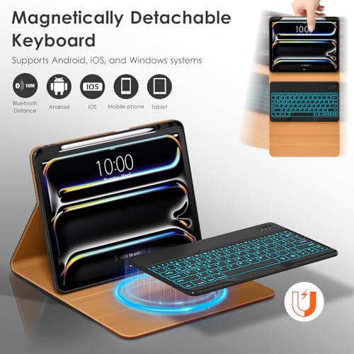 Image of DTTO for iPad Pro 13 Inch Case with Keyboard M5 /M4 2025 /2024, 7 Colors Backlit Wireless Detachable Keyboard Premium Leather Folio Cover with Pencil Holder & Pocket, Black Brown