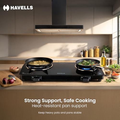 Image of Havells GEOSLIM Gas stove |2 Heavy Duty Forged Brass Burner|6 mm Toughened Glass|Premium Valves|Removable Drip Tray|Soft Touch Knobs|5 year Warranty on Burners, Glass & Valves by Havells (Black)