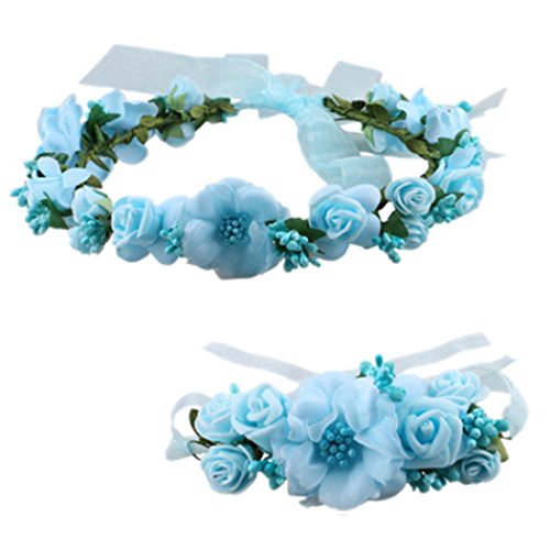 Love Sweety Rose Flower Crown Wreath Wedding Headband Wrist Band Set (Blue)