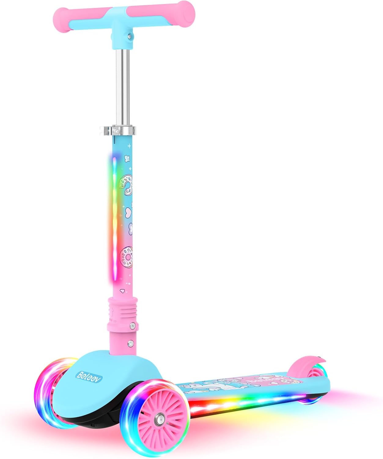 BELEEV A9 Kids Scooter with LED Light-Up Wheels & Deck, 3 Wheel Folding Scooter for Toddlers Girls Boys Ages 3-12, Adjustable Handlebar, Lean to Steer, Extra-Wide Wheels, Kick Scooter for Children