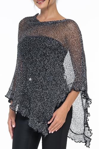Image of SHU-SHI Women's Sheer Knit Poncho Shrug Lightweight Asymmetrical Ruffle Wrap Dressy Summer Shawl Cover Up Top