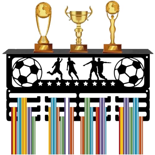 CREATCABIN Medaillenhalter Fußball Sportmedaillen Aufhänger Mit Trophäenregal Auszeichnungsband Organisationshaken Metallgestell Wandhalterung Für Medaillen Fußballathleten Spieler Rennen 40x20x10cm