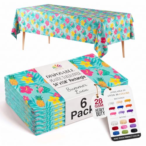 Image of Exquisite Summer Luau Table Cover 6 Pack 54 in. x 108 in. Rectangle Plastic Tablecloth Disposable Table Covers for Hawaiian Tropical Aloha Tiki Flamingo Pineapple Beach Pool Party Supplies
