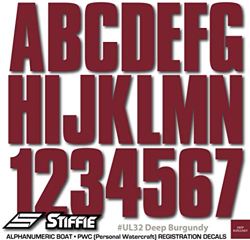 Image of Stiffie UNILINE 3 inch Alpha-Numeric Registration Identification Numbers Stickers Decals for Boats & Personal Watercraft (Deep Burgundy)