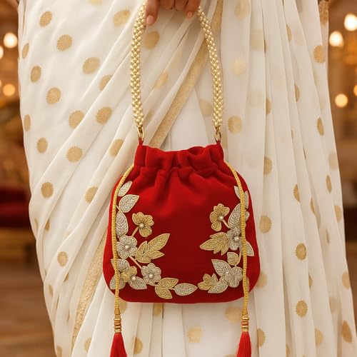 Image of Velvet Potli Bag with Golden & Silver Beaded Flower Embroidery - Handcrafted Ethnic Drawstring Bag for Weddings, Parties & Festive Gifts - Beaded Handle & Tassels for Women