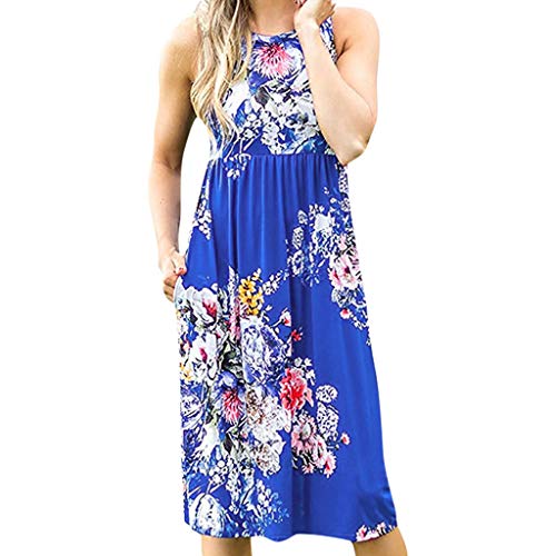 JIANGfu Women Summer Boho Floral Print Backless Beach Dress, Ladies Casual Loose Sleeveless Long Tank Dress Sundresses
