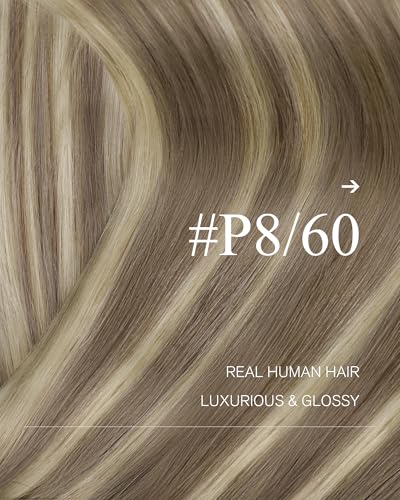 Image of YoungSee Human Hair Weft Extensions Highlight, 16 Inch 100g Straight Hair, Sew in Extensions Real Human Hair, Light Brown with Platinum Blonde Highlight, Double Weft Hair Extensions for All-day Wear