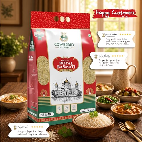 Image of COWBERRY Organic Royal Basmati Rice /Extra Long Grain 5 kg, Aged 2 Years Premium 18-20mm Cooked | NPOP India, NOP USDA, EU Organic Certified | Lab-Tested 252+ Chemicals & Glyphosate Free