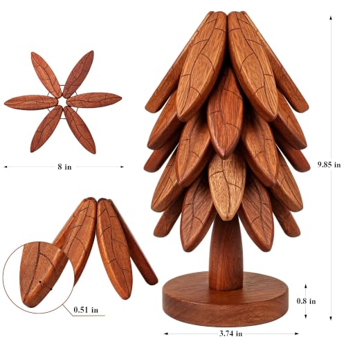 Wooden Trivet Set with Stand, 5 Pcs Tree Leaf Anti‑Slip Pattern Hot Pot Holders for Kitchen, Heat Resistant Wood Coasters for Hot Dishes, Pans, Teapots - Decorative Countertop Storage (Texture- 5 Pcs) - image 3