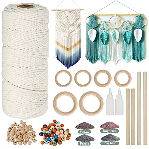 Jeteveven Fil de macramé 3mm x 100m,100% Naturel Macrame Corde Ensemble de macramé, Corde de Coton tie-Dye pour Tenture Murale Bricolage Décoration Tissage Cover