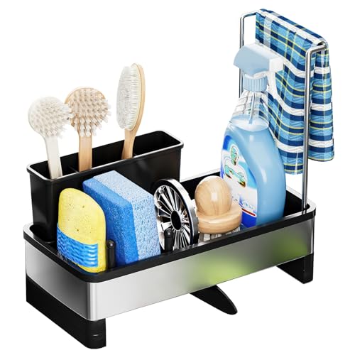 OurLeeme Organizador de fregadero de cocina, soporte de esponja negro con bandeja de drenaje automático, cepillo de platos desmontable y colgador de tela, estante de almacenamiento de encimera para