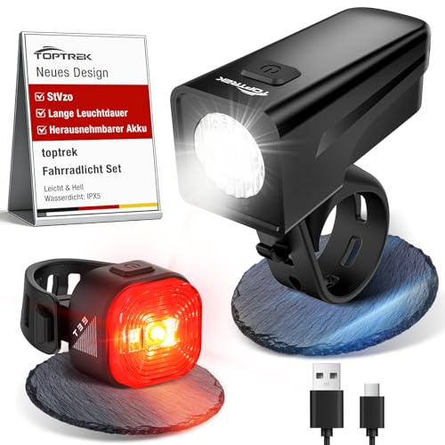 toptrek Fahrradlicht Set USB Aufladbar, StVZO Zugelassen Fahrrad Lichter LED Set, IPX5 Wasserdicht Fahrradlampe Set mit Austauschbarem Akku Design, Fahrradbeleuchtung Set mit Langer Akkulaufzeit