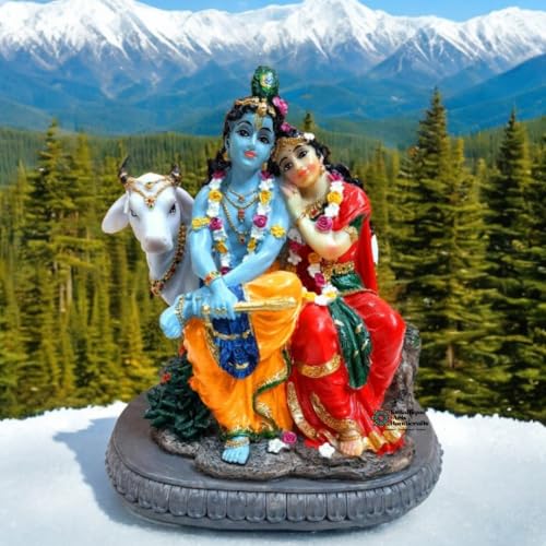 Image of KRAAFTIQUE Handmade Marble Radha Krishna with Cow Idol | Decorative Murti for Home Decor, Wedding, Anniversary, Housewarming, and Return Gift (18 CM)