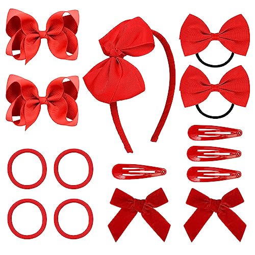 Image of DEEKA Hair Accessories, 15 Pieces Uniform Hair Bows, Hair Clips, Headband, Hair Ties Set for Little Toddler School Girls - Red