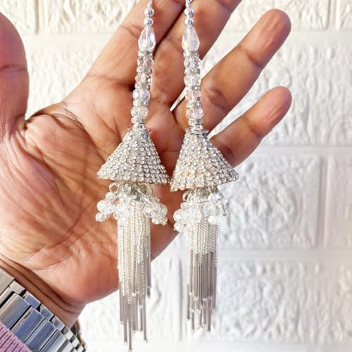 Image of Adikala Craft Store Handmade Ethnic Latkan Tassel Set of 2 for Saree Pallu, Blouse, Suits, Dupatta, Lehenga Decor | Ethnic Saree Pallu, Blouse, Suit, Dupatta & Lehenga Decoration (Silver D3)