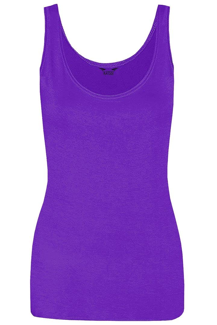 New Ladies Women Solid Wide Shoulder Tall Vest Scoop Neck Tank Top Purple