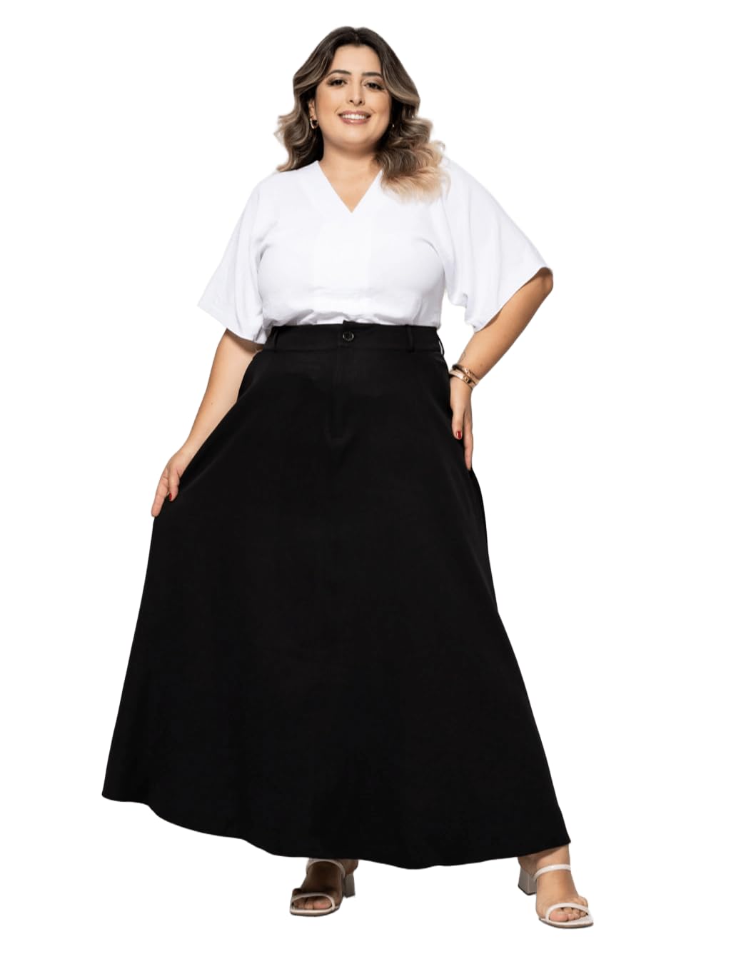 Saia Longa Plus Size Alfaiataria, com Bolsos, moda feminina Evangélica saipl-007