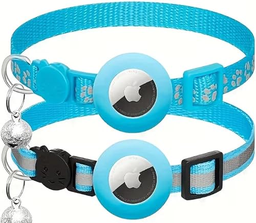 AirTag Cat Collar Breakaway with Bell, 2 Pack Reflective Nylon Kitten Collar compatible with Apple AirTag, Pink, Adjustable 17.78-30.48cm (Blue) Airtag not included