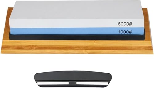 Miniatura 1 de Kit de piedra de afilar, piedra de afilar de 2 caras con guía de ángulo, base de bambú antideslizante, juego de afiladores de cuchillos de grano