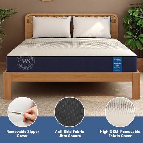 Image of Wooden Street Penguin Ortho Zen Mattress 8 Inch Queen Size (72x60x8 inch) 10-Year Warranty | Firm Feel | Advanced Contour Support Technology for Back Pain Relief | Removable Cover & Anti-Skid Base