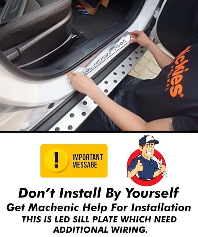 Image of Fabtec Car Door Foot Step Led Sill Plate Compatible with Toyota Fortuner car, Anti-Scratch Reflective Mirror Finish, Blue Light, Set of 4 Pcs (6 Months Warranty)