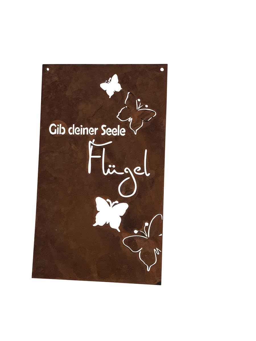 Edelrost Spruchtafel Gib deiner Seele Flügel, Rostdeko Gartendeko Tafel aus Metall 22x37 cm, nostalgisches Design, ideal für Garten und Terrasse