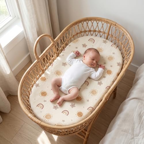 Image of 100% Muslin Cotton Baby Bassinet Sheets for Baby Boy Girls,4-Pack Fitted Bassinet Sheets Set Compatible with Halo Bassinest Swivel Sleeper,Baby Delight,Angelbliss,32 inchX16 inch (Sun Series)