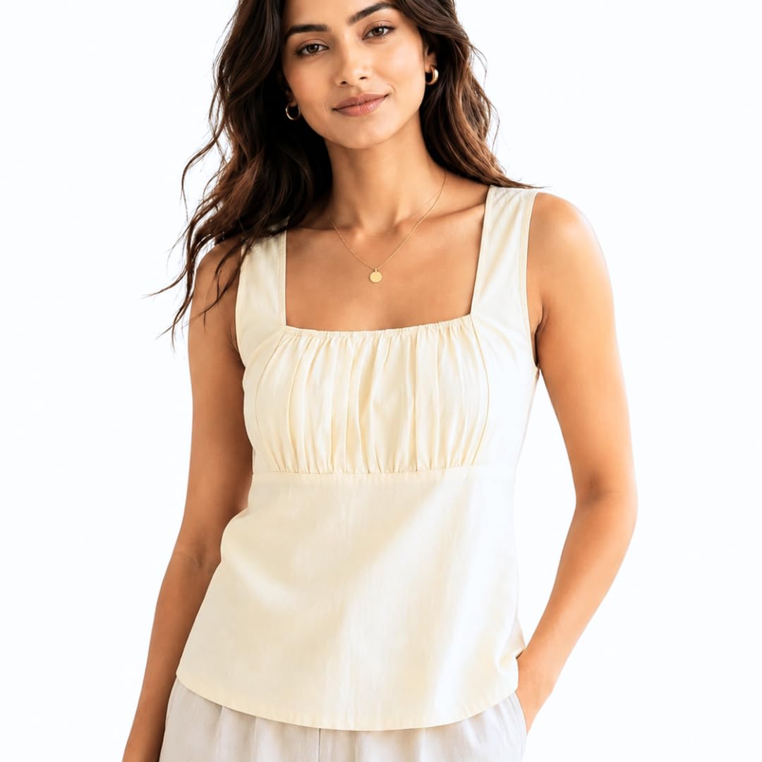 Women's Ruched Square Neck Sleeveless Tank Top, Casual Summer Blouse Women Light Blue Cotton Poplin Sleeveless Top-picture-49