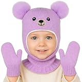 Toddler Baby Winter Hat Scarf Gloves Set, Bear Embroidery Pom Infant Boys Girls Acrylic Beanie Hat Warm Knitted Gloves 1-5Y (Purple)