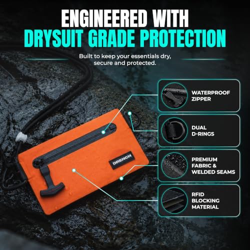Image of Drench RFID Waterproof Floating Wallet IPX8 Dry Bag for Cards & Cash,Orange | IPX8 waterproof RFID wallet for cards, cash & keys with floating design, adjustable lanyard, belt loop & carabiner