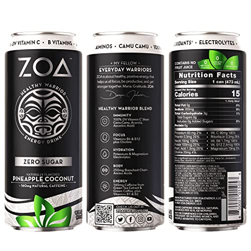 ZOA Energy Drink, Pineapple Coconut 16 Fl Oz Zero Sugar, Vitamins, Antioxidants, Electrolytes
