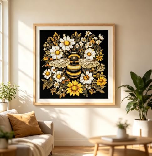 Image of Bee Flowers Stamped Cross Stitch Kits Embroidery Starter Kit for Adults | 11CT Needlepoint Printed Counted Cross-Stitch Animals Patterns Beginners Dimensions Kit Arts and Crafts 14x14inch