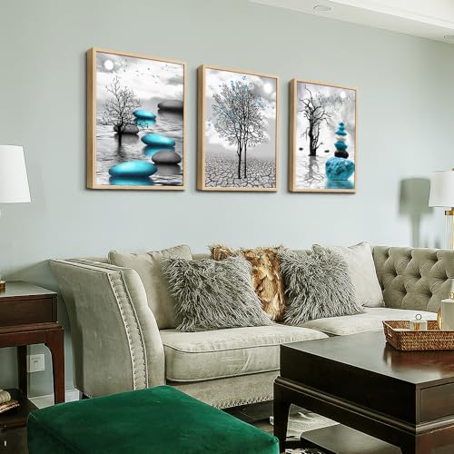 Natural Wood Framed Canvas Wall Art for Living Room Wall Decor for Bedroom Blue Abstract Wall Pictures Bathroom Black and White Paintings Office Decoration Modern Home Decor Framed Art Prints