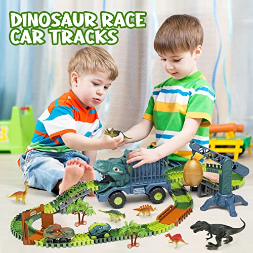 Cute Stone Dinosaur Toys Race Track, Flexible Track Playset With Dino Transport Truck, Electric Race Cars, Dinosaur Toy Train Set Tracks For Boys Toddlers #TOP1