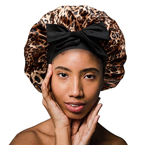 Silky Satin Hair Bonnet Night Cap for Black Women Hair Care with Soft Strechy Tie Band - Jumbo Satin Sleep Cap(Leopard)