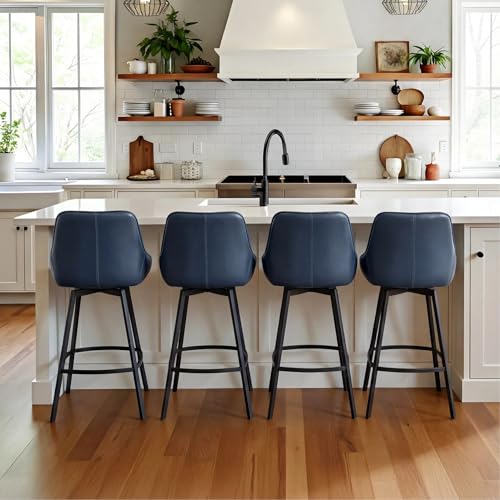 Image of Zesthouse Swivel Bar Stools Set of 4, 26 inch Modern Counter Height Bar Stools with Low Backs, Upholstered Faux Leather Bar Chairs for Kitchen Counter, Blue Island Chairs with Metal Legs