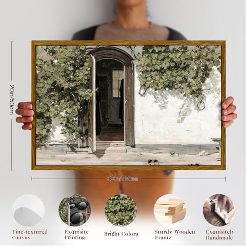 crmotu Vintage Framed Wall Art, Country Landscape Canvas Prints, Grapevine Gate Rustic Farmhouse Decor Painting, Nature Green Scenery Pictures Wall Decor Living Room Bedroom Bathroom Office 20x30in