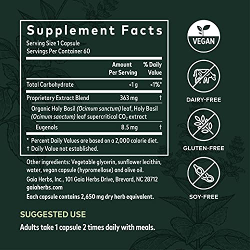Gaia Herbs Pro Holy Basil Leaf - Stress Support Supplement With Holy Basil - Herbal Supplements To Support A Positive Mindset - 60 Liquid Phyto-Caps #TOP1