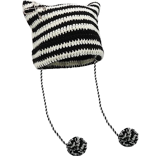 XYIYI Black White Crochet Hats for Women Fox Knit Hat with Pompoms Vintage Beanies Grunge Goth Accessories Slouchy Beanies for Women Girls