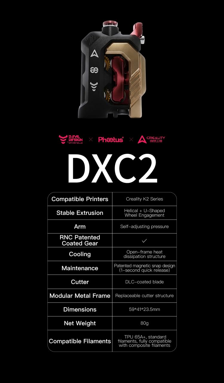 Phaetus DXC2 Wytłaczarka z napędem bezpośrednim do serii Creality K2 | Gotowa do użycia modernizacja | podwójna przekładnia | RNC powlekane koła zęba; ostrze DLC, konserwacja magnetyczna bez użycia