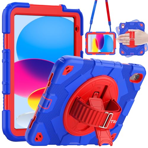 TECHGEAR SUPE Case fits Apple iPad 10th Generation 10.9" / iPad 10 2022 Tough Rugged HEAVY DUTY Shockproof Fun Case for Kids Boys Girls with 360 Rotating Stand, Hand Strap & Shoulder Strap Case