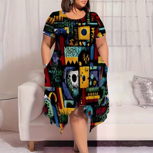 Image of Womens Summer Plus Size Crewneck Midi Dress Short Sleeve High Waist Dresses A Line Smocked Sundress with Pockets