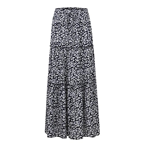 Womens Floral Print Boho Maxi Skirt Casual Elastic High Waist Pleated Ruffle Flowy Beach Long Maxi Skirts with Pockets4
